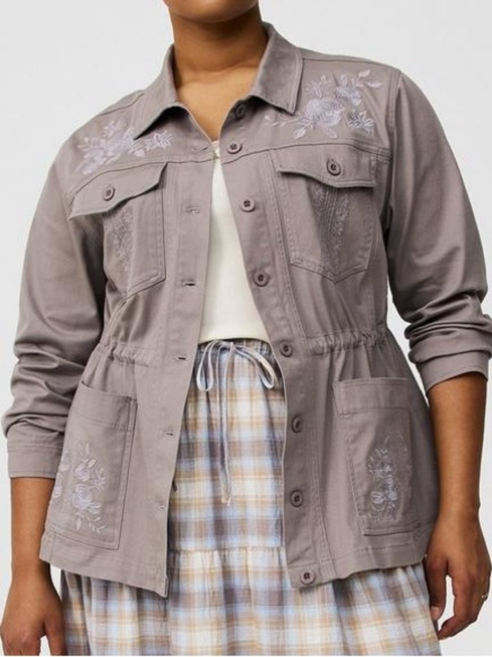 Torrid Gray Floral Twill Utility Jacket